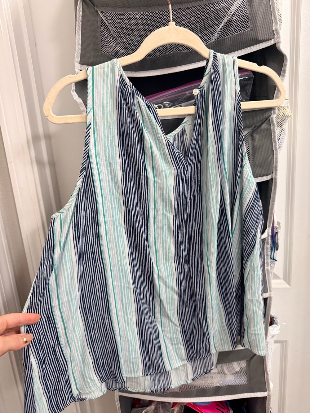 Ann Taylor Sleeveless V-Neck Tank - Navy & Mint Stripes